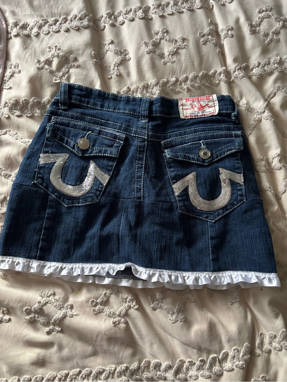 True Religion Dark Blue Denim Mini Skirt with White Ruffle Trim